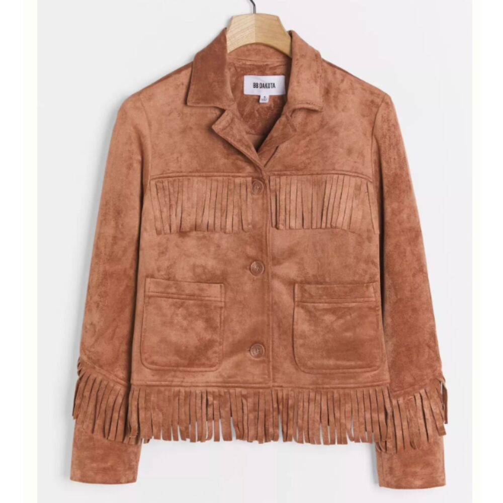 BB Dakota Terracotta Tan Thais Fringed Faux Suede Jacket Size Medium NWT - Picture 8 of 8